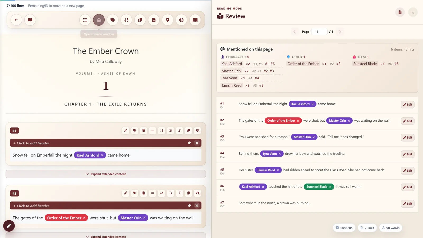 Review mode with mentions per line